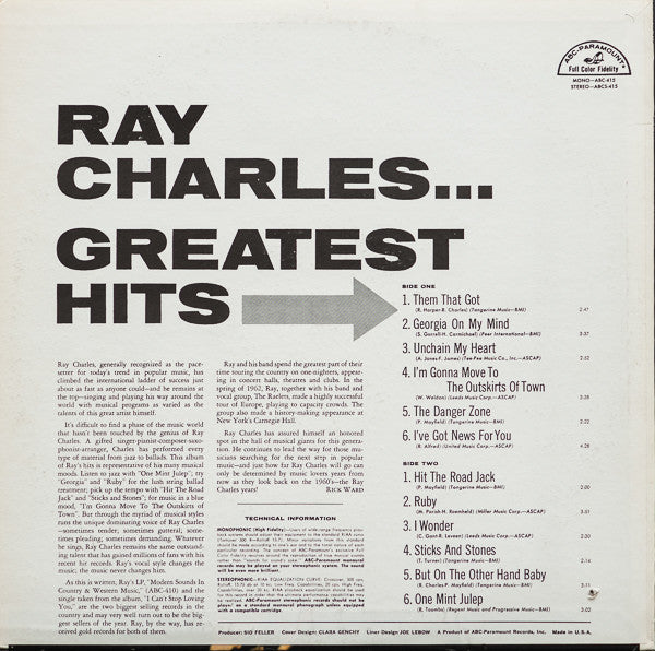 Ray Charles : Greatest Hits (LP, Comp, MP, RE,  Tr)