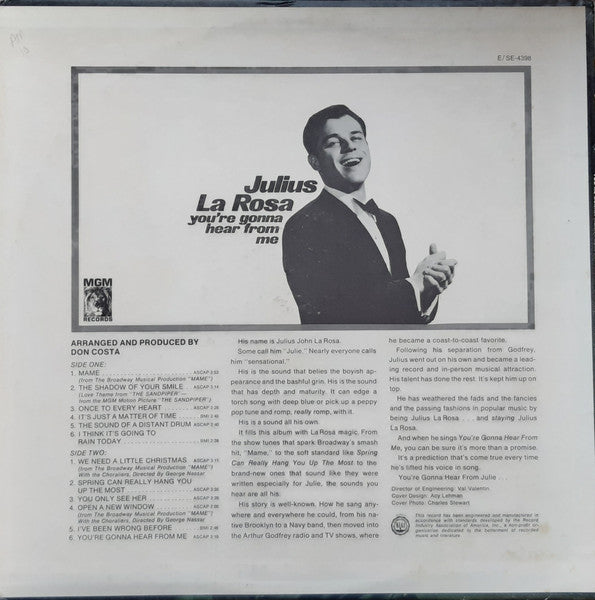 Julius La Rosa : You're Gonna Hear From Me (LP, Album, Mono)