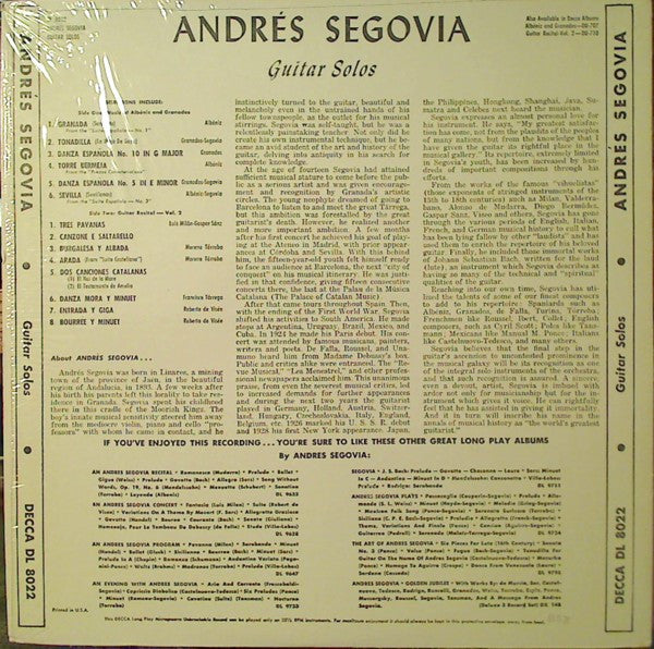 Andrés Segovia : Guitar Solos (LP, Album, RE)