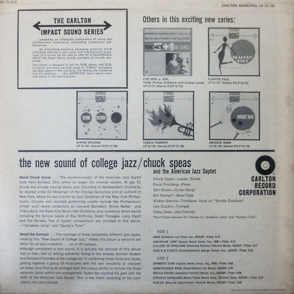 Chuck Speas And The American Jazz Septet : The New Sound Of College Jazz (LP, Album, Mono)