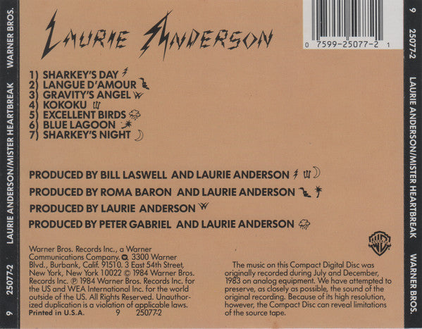 Laurie Anderson : Mister Heartbreak (CD, Album, Club, RE)