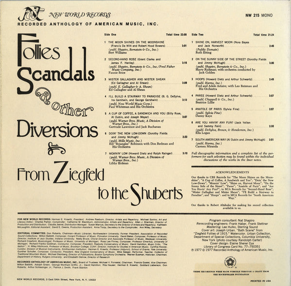 Various : Follies, Scandals & Other Diversions - From Ziegfield To The Shuberts (LP, Comp)