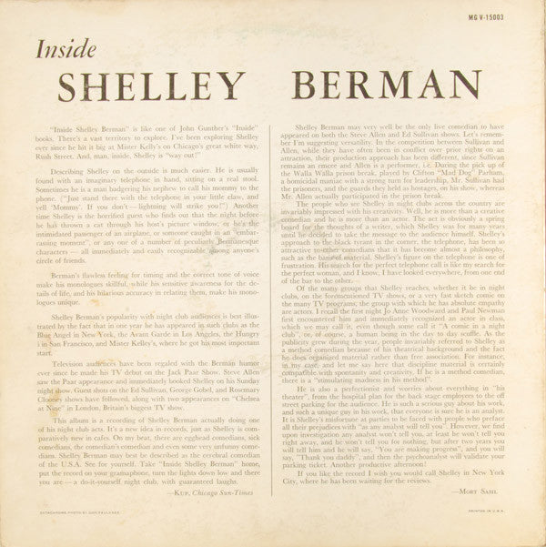 Shelley Berman : Inside Shelley Berman (LP, Album, Mono, Mic)