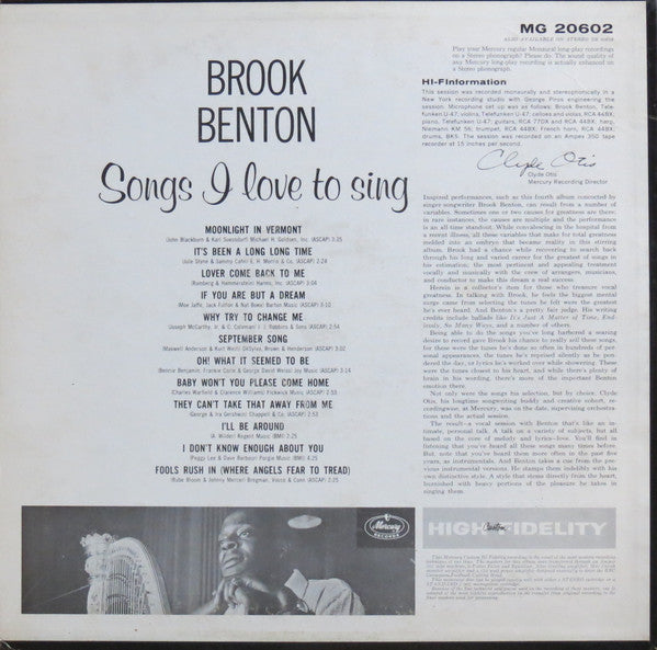 Brook Benton : Songs I Love To Sing (LP, Album, Mono, 1st)