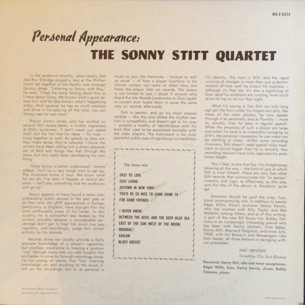 The Sonny Stitt Quartet* : Personal Appearance (LP, Album, Mono)