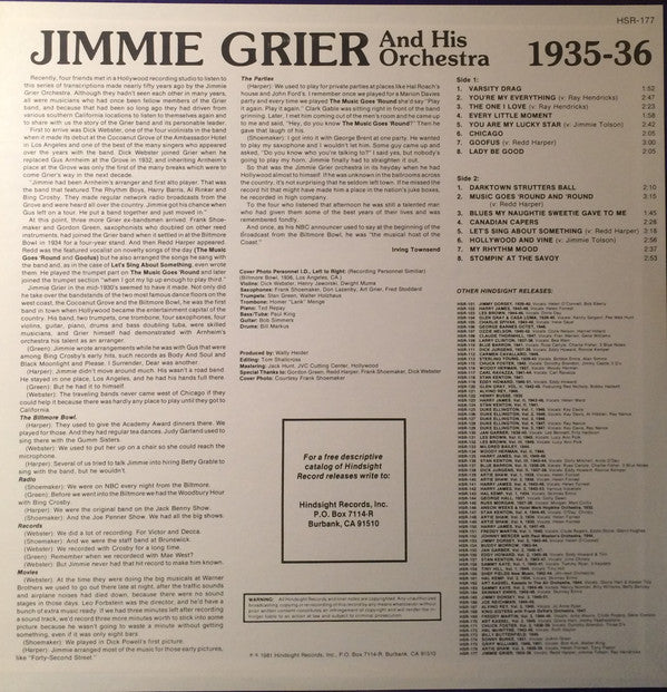 Jimmy Grier And His Orchestra : The Uncollected Jimmy Grier, 1935-1936 (LP, Mono)