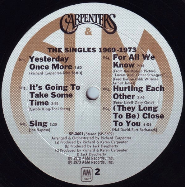 Carpenters : The Singles 1969-1973 (LP, Album, Comp, Mon)