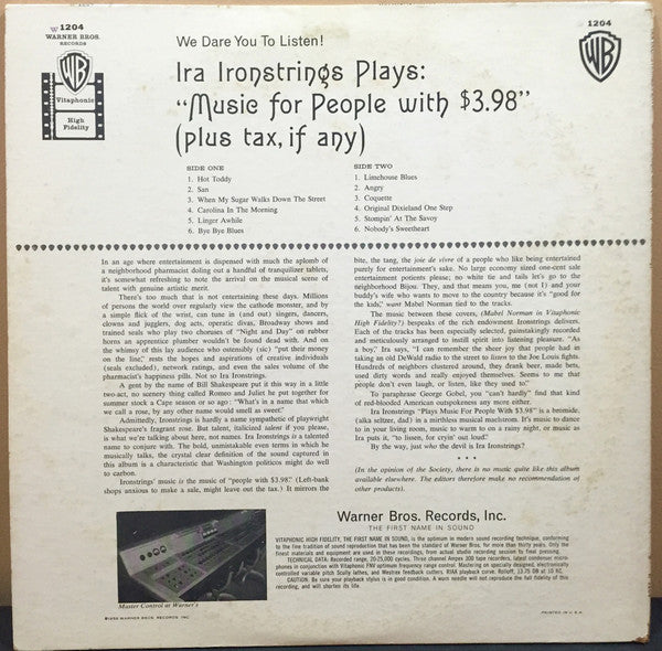Ira Ironstrings : Ira Ironstrings Plays Music For People With $3.98 (Plus Tax, If Any) (LP)