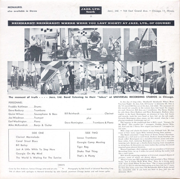 Bill Reinhardt : Reinhardt! Reinhardt!! Where Were You Last Night? "At Jazz, Ltd. Of Course" (LP, Album, Mono, Red)