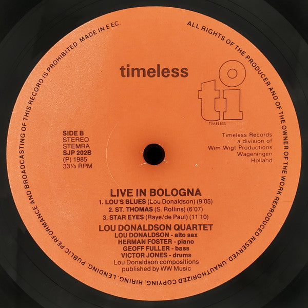 Lou Donaldson Quartet : Live In Bologna Vol. 1 (LP, Album)