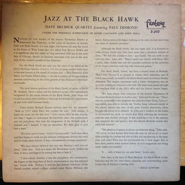 The Dave Brubeck Quartet Featuring Paul Desmond : Jazz At The Blackhawk (LP, Album, Mono)