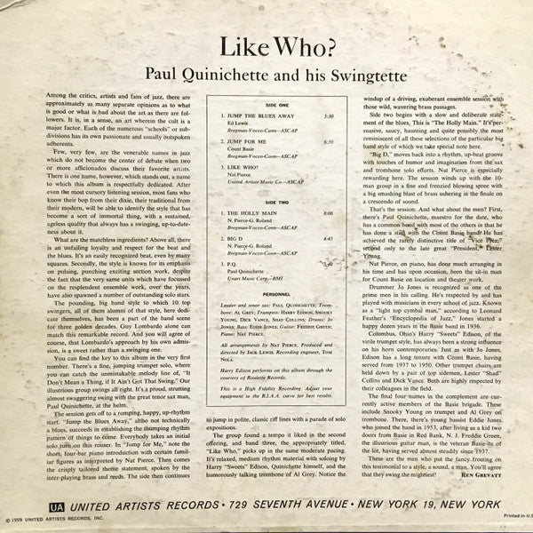 Paul Quinichette And His Swingtette : Like Who? (LP, Album, Mono, RE)