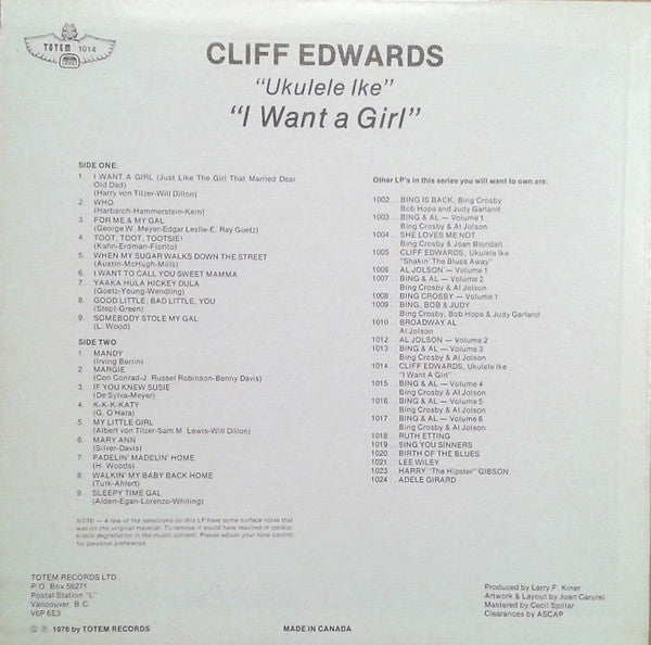 Cliff "Ukulele Ike" Edwards : I Want A Girl (LP, Comp)