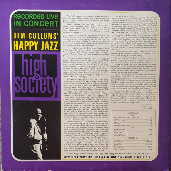 Jim Cullum's Happy Jazz Band : High Society - Recorded Live In Concert (LP)