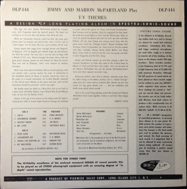 Jimmy McPartland & Marian McPartland : Play TV Themes (LP, Album, Mono)