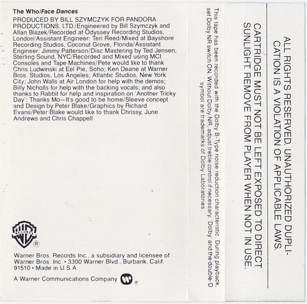 The Who : Face Dances (Cass, Album)
