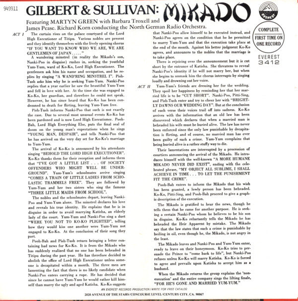 Gilbert & Sullivan : Featuring Martyn Green With Barbara Troxell And James Pease . Richard Korn Conducting The NDR Sinfonieorchester : Mikado (LP, Album)