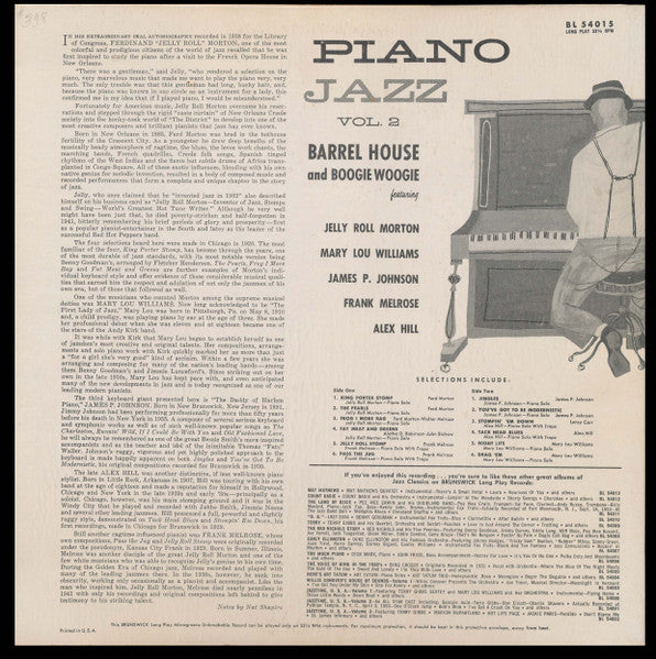 Jelly Roll Morton, Mary Lou Williams, Alex Hill*, James P. Johnson*, Frank Melrose : Piano Jazz Vol. 2:  Barrel House And Boogie Woogie (LP, Comp, Mono)
