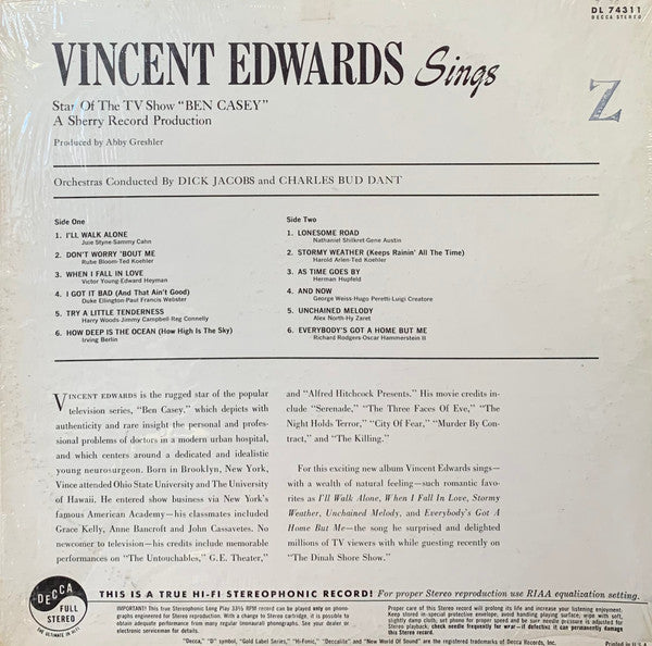 Vincent Edwards* : Vincent Edwards Sings (LP, Album)