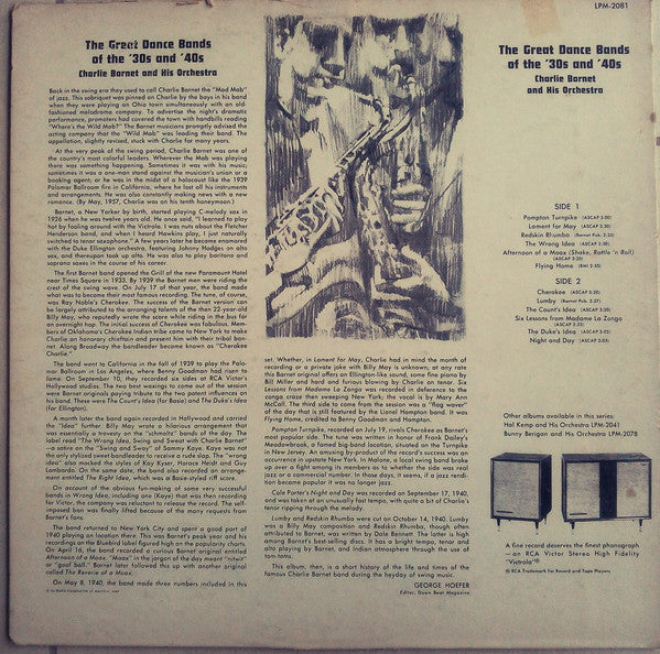 Charlie Barnet And His Orchestra : The Great Dance Bands Of The '30s And '40s (LP, Album, Comp, Mono)