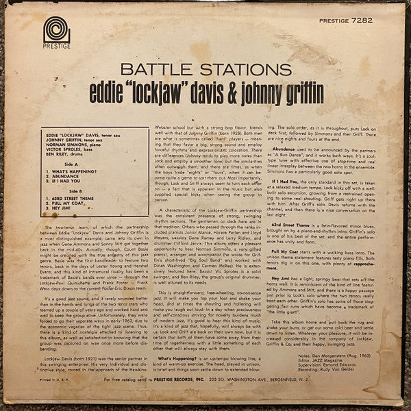 Eddie "Lockjaw" Davis & Johnny Griffin : Battle Stations (LP, Album, Mono)