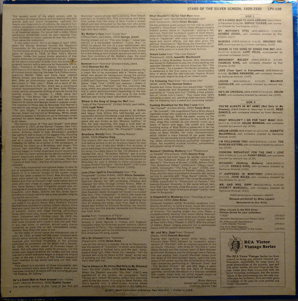 Various : Stars Of The Silver Screen, 1929-1930 (LP, Comp)