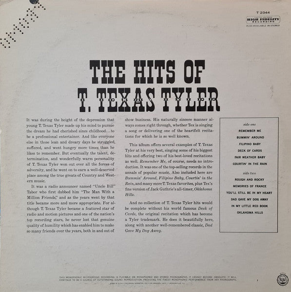 T. Texas Tyler : The Hits Of T. Texas Tyler (LP, Mono)