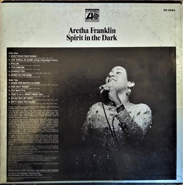 Aretha Franklin : Spirit In The Dark (LP, Album, CTH)