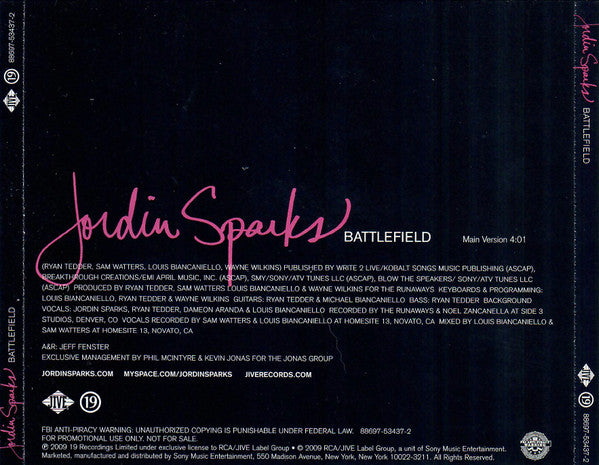 Jordin Sparks : Battlefield (CD, Single, Promo)