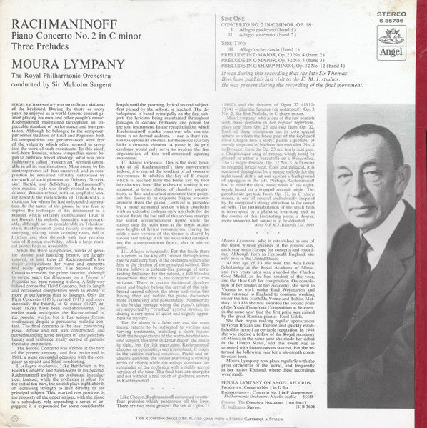 Rachmaninov*, Moura Lympany*, Royal Philharmonic Orchestra Conducted By Sir Malcolm Sargent : Piano Concerto No. 2 In C Minor, Three Preludes (LP)