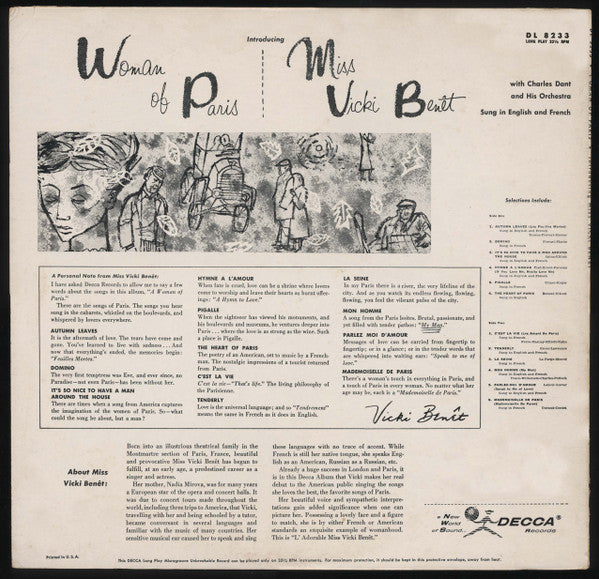 Vicki Benet : Woman Of Paris (LP, Album, Mono)