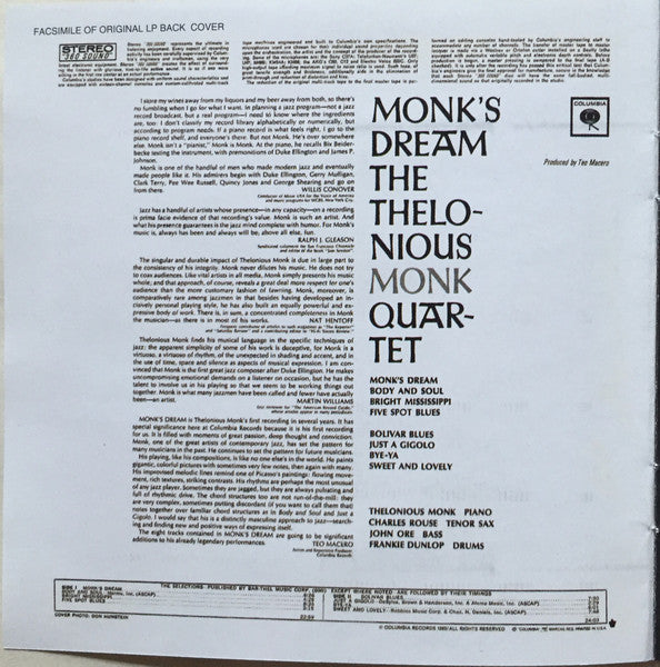 The Thelonious Monk Quartet : Monk's Dream (CD, Album, RE, RM)
