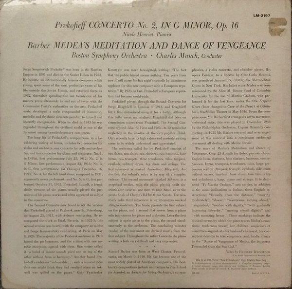 Boston Symphony Orchestra, Charles Munch, Nicole Henriot-Schweitzer : Prokofieff - Piano Concerto No. 2 / Barber - Medea's Meditation And Dance Of Vengeance (LP, Album, Mono)