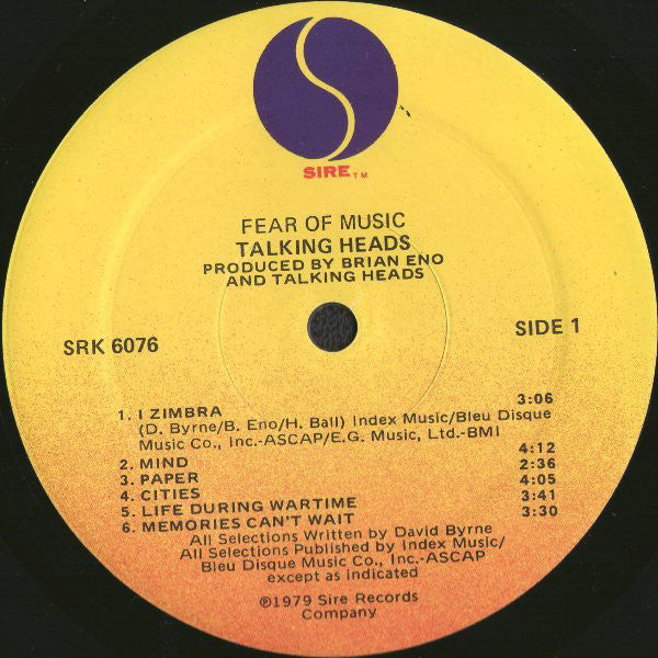 Talking Heads : Fear Of Music (LP, Album, Spe)