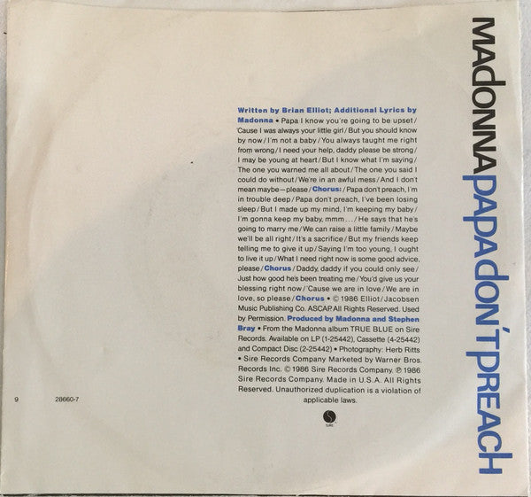 Madonna : Papa Don't Preach (7", Single, Spe)