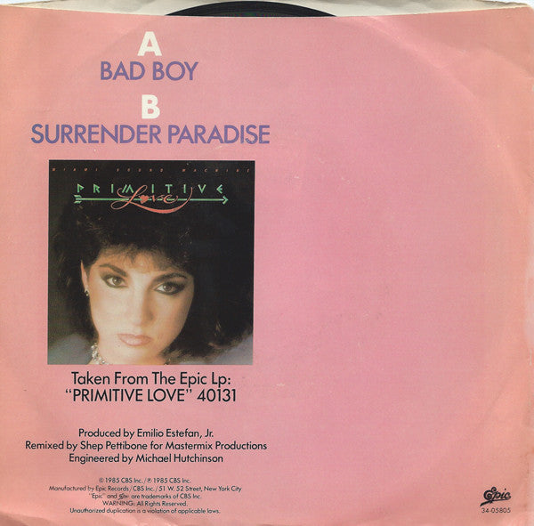 Miami Sound Machine : Bad Boy (7", Single, Styrene, Pit)