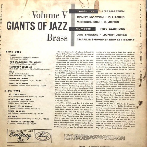 Various : The Jazz Greats Volume V- Giants Of Jazz Brass (LP, Album, Mono)