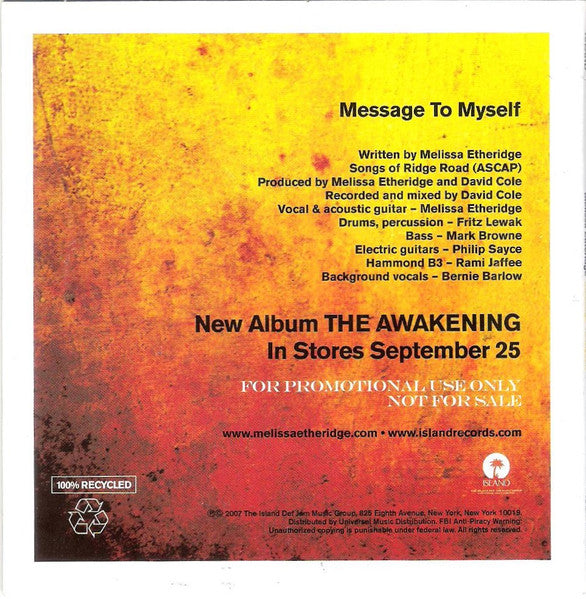 Melissa Etheridge : Message To Myself (CD, Single, Promo)