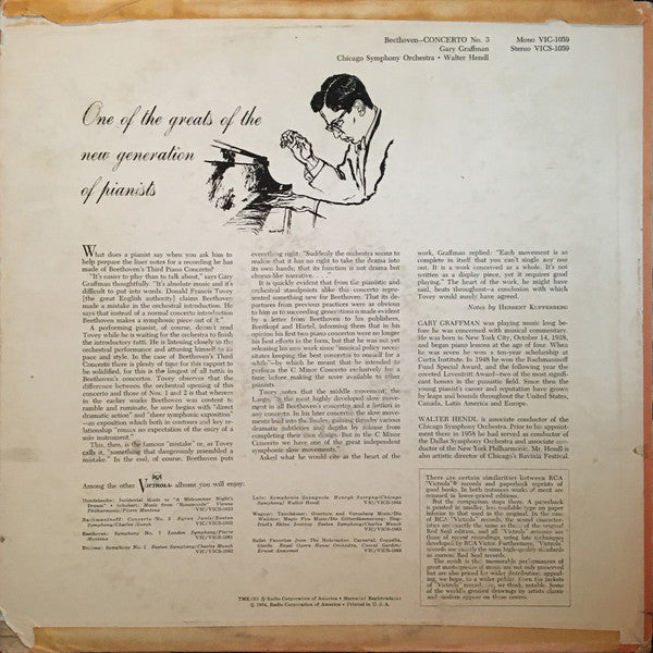 Ludwig Van Beethoven, Gary Graffman, Walter Hendl, Chicago Symphony Orchestra : Concerto No. 3 In C Minor, Op. 37 (LP, RE)