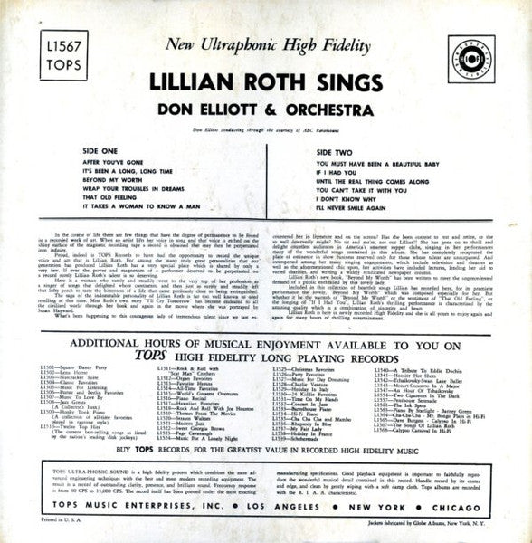 Lillian Roth : Lillian Roth Sings (LP, Album, Mono)