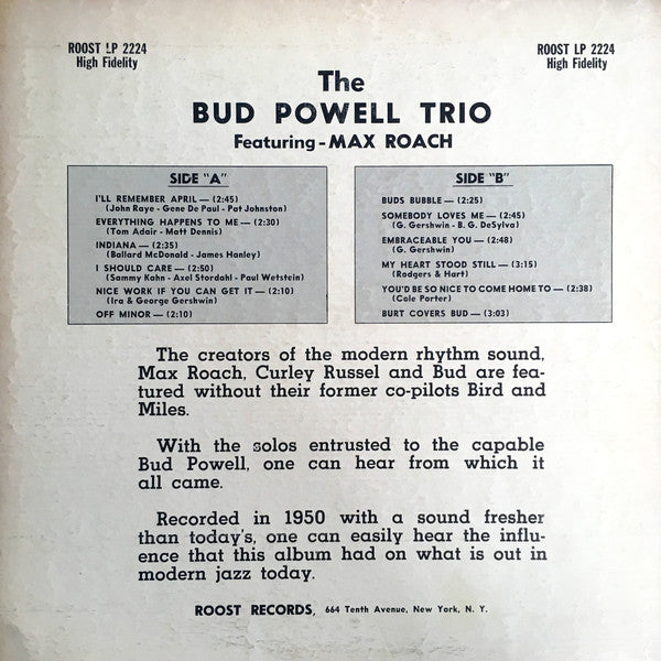 The Bud Powell Trio Featuring Max Roach : Bud (LP, Album, Comp, Mono)