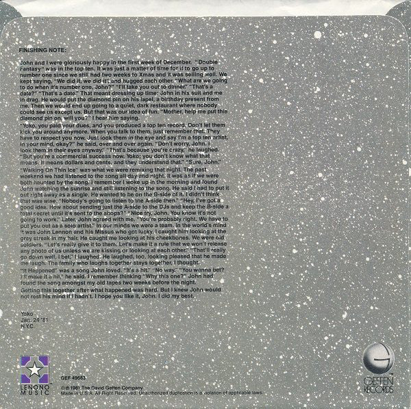 Yoko Ono : Walking On Thin Ice - For John (7")