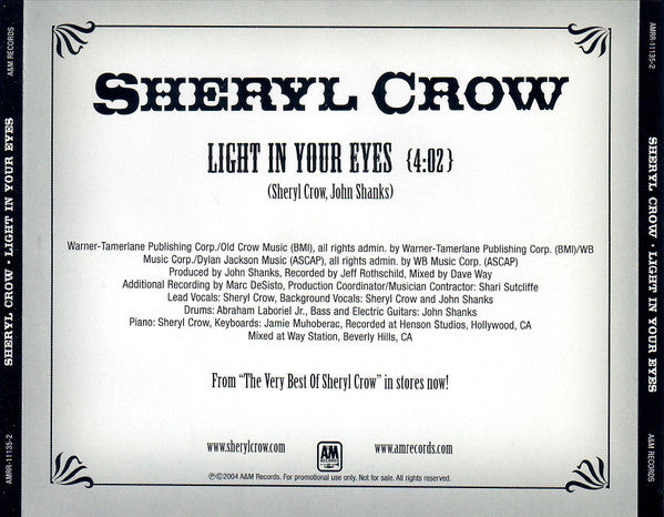 Sheryl Crow : Light In Your Eyes (CD, Single, Promo)
