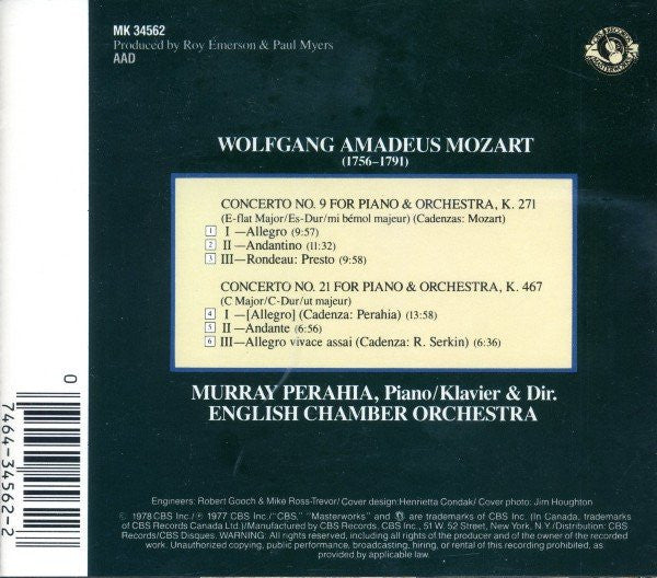 Perahia* Plays And Conducts Mozart*, English Chamber Orchestra : Piano Concerto No. 21 In C Major, K. 467 / Piano Concerto No. 9 In E-Flat Major, K.271  (CD, RE)