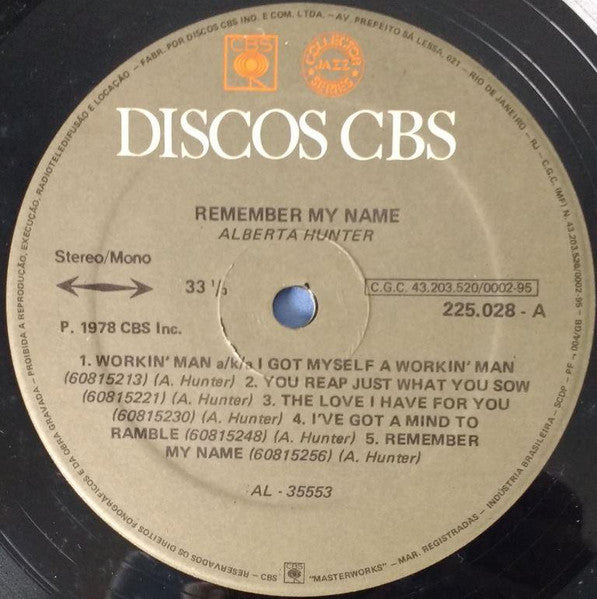 Alberta Hunter : Remember My Name (Original Soundtrack Recording) (LP, Album)