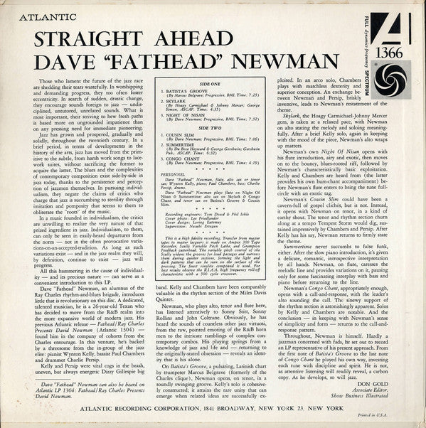 David "Fathead" Newman : Straight Ahead  (LP, Album, Mono)