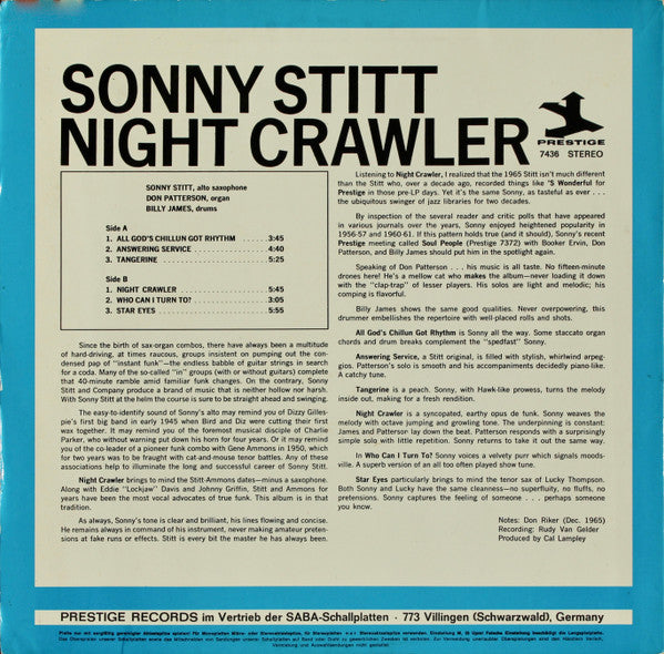 Sonny Stitt With Don Patterson : Night Crawler (LP, Album, RE)