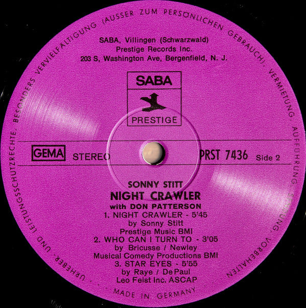Sonny Stitt With Don Patterson : Night Crawler (LP, Album, RE)
