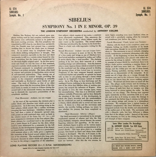 Anthony Collins (2), London Symphony Orchestra : Symphony No. 1 In E Minor : Sibelius, Opus 39 (LP)