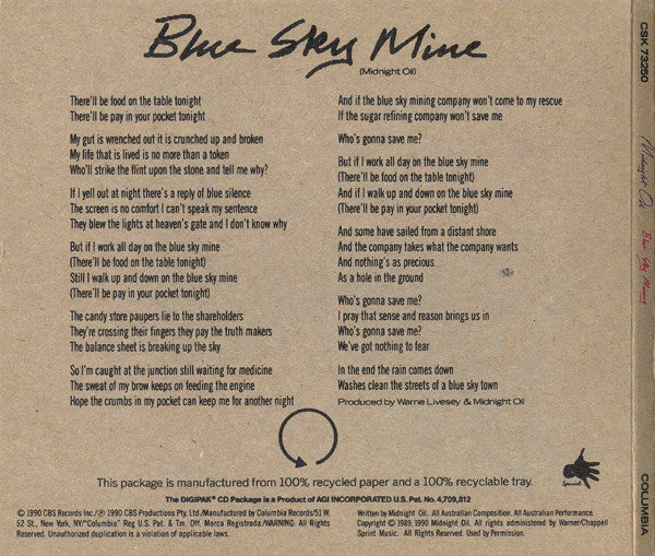 Midnight Oil : Blue Sky Mine (CD, Single, Promo)